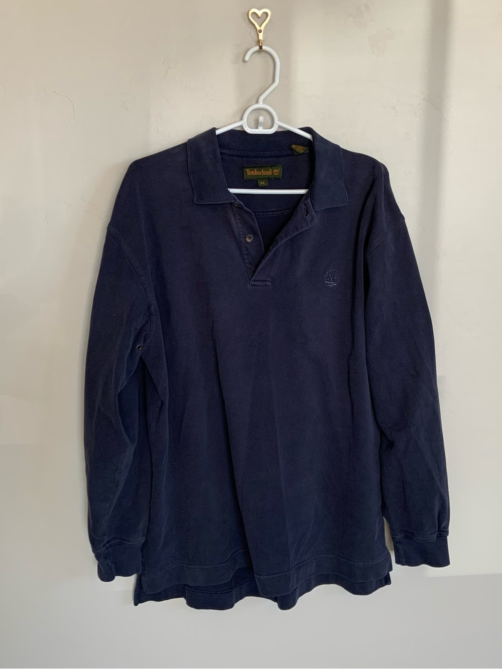 Timberland Men's Long Sleeve Polo Shirt Navy Blue Size M 100% Cotton Button Logo